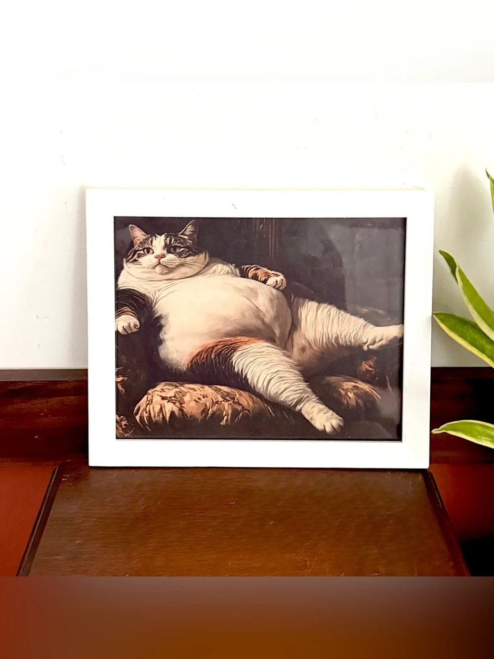 Fat Cat on Couch Quirky Canvas Art Print White Framed Weird Wall Hanging Art